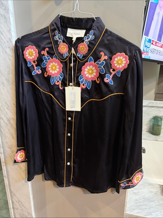 THE GREAT. Tops - THE GREAT. Black Embroidered Silk Western Blouse with Pink Floral Accents